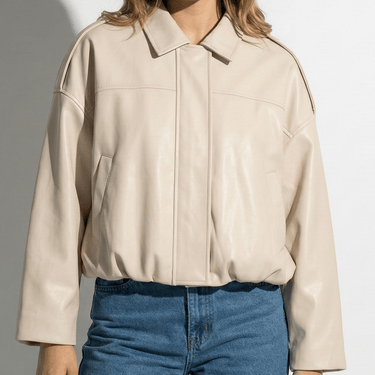 Faux Coated Bomber Jacket with Collar and Concealed Front Closure