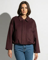 Faux Coated Bomber Jacket with Collar and Concealed Front Closure