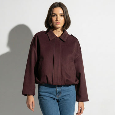Faux Coated Bomber Jacket with Collar and Concealed Front Closure