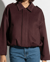 Faux Coated Bomber Jacket with Collar and Concealed Front Closure