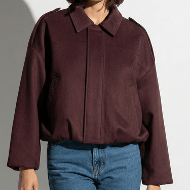Faux Coated Bomber Jacket with Collar and Concealed Front Closure