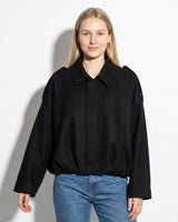 Faux Coated Bomber Jacket with Collar and Concealed Front Closure