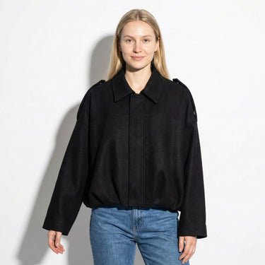 Faux Coated Bomber Jacket with Collar and Concealed Front Closure