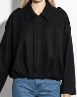 Faux Coated Bomber Jacket with Collar and Concealed Front Closure