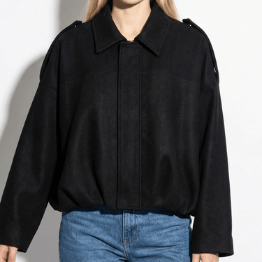Faux Coated Bomber Jacket with Collar and Concealed Front Closure