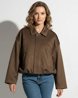 Faux Coated Bomber Jacket with Collar and Concealed Front Closure