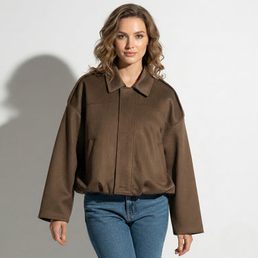 Faux Coated Bomber Jacket with Collar and Concealed Front Closure