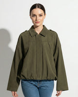 Faux Coated Bomber Jacket with Collar and Concealed Front Closure