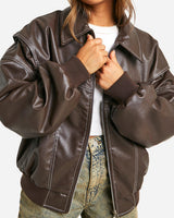 Faux Leather Bomber Jacket with Zip Front