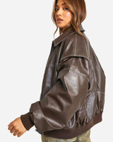 Faux Leather Bomber Jacket with Zip Front