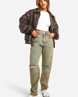 Faux Leather Bomber Jacket with Zip Front