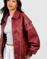 Faux Leather Bomber Jacket with Zip Front
