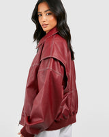 Faux Leather Bomber Jacket with Zip Front