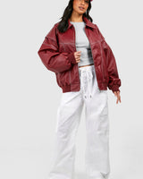 Faux Leather Bomber Jacket with Zip Front