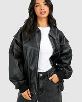 Faux Leather Bomber Jacket with Zip Front