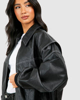 Faux Leather Bomber Jacket with Zip Front