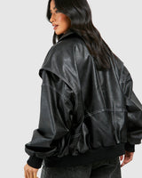 Faux Leather Bomber Jacket with Zip Front