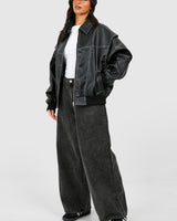 Faux Leather Bomber Jacket with Zip Front