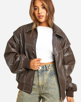 Faux Leather Bomber Jacket with Zip Front