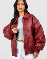 Faux Leather Bomber Jacket with Zip Front