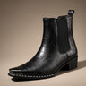 Faux leather chelsea boot with squared metal toe cap and stud trim detail