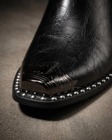 Front-facing view of faux leather chelsea boot with block heel