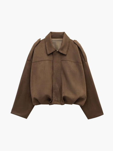 Faux Suede Bomber Jacket with Structured Collar