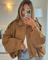 Faux Suede Bomber Jacket with Structured Collar
