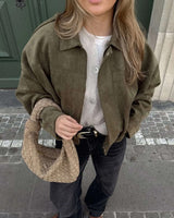 Faux Suede Bomber Jacket with Structured Collar