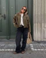 Faux Suede Bomber Jacket with Structured Collar
