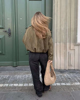 Faux Suede Bomber Jacket with Structured Collar
