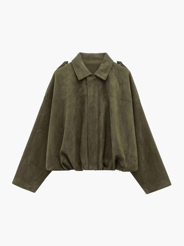 Faux Suede Bomber Jacket with Structured Collar