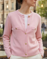 Front view showing embossed gold buttons from collar to hem