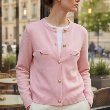 Front view showing embossed gold buttons from collar to hem