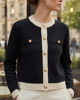 Detail shot of chest flap pocket on fine knit cardigan