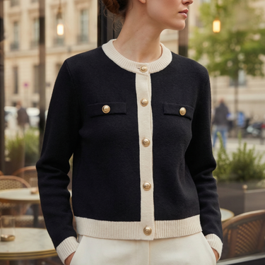 Detail shot of chest flap pocket on fine knit cardigan