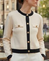 Fine knit cardigan with full-length gold button placket and two chest flap pockets
