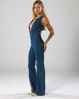 Fitted Denim Jumpsuit with Plunge Neck and Flared Legs