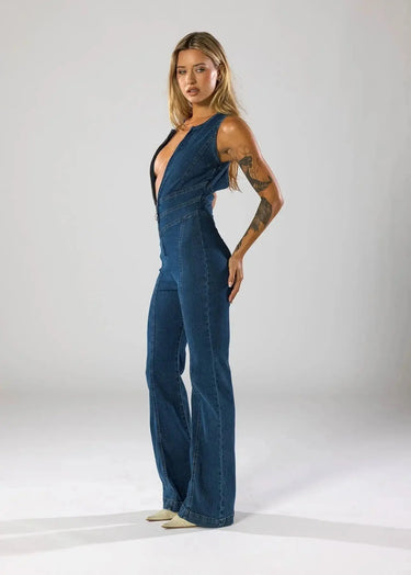 Fitted Denim Jumpsuit with Plunge Neck and Flared Legs