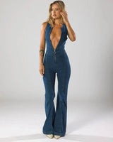 Fitted Denim Jumpsuit with Plunge Neck and Flared Legs