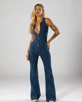 Fitted Denim Jumpsuit with Plunge Neck and Flared Legs