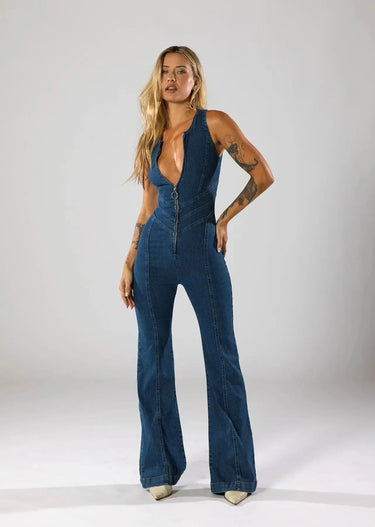 Fitted Denim Jumpsuit with Plunge Neck and Flared Legs