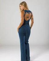 Fitted Denim Jumpsuit with Plunge Neck and Flared Legs