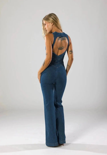 Fitted Denim Jumpsuit with Plunge Neck and Flared Legs