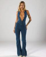 Fitted Denim Jumpsuit with Plunge Neck and Flared Legs