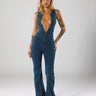 Fitted Denim Jumpsuit with Plunge Neck and Flared Legs