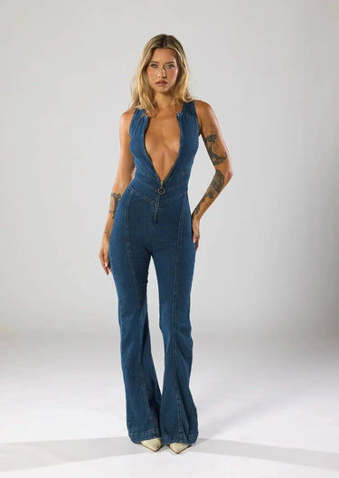 Fitted Denim Jumpsuit with Plunge Neck and Flared Legs