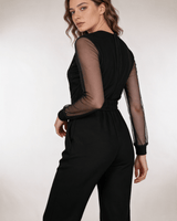 Flared-Leg Wrap Front Jumpsuit with Sheer Sleeves