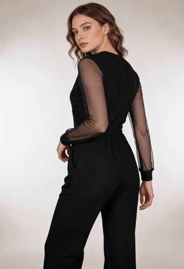 Flared-Leg Wrap Front Jumpsuit with Sheer Sleeves