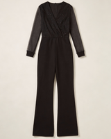 Flared-Leg Wrap Front Jumpsuit with Sheer Sleeves